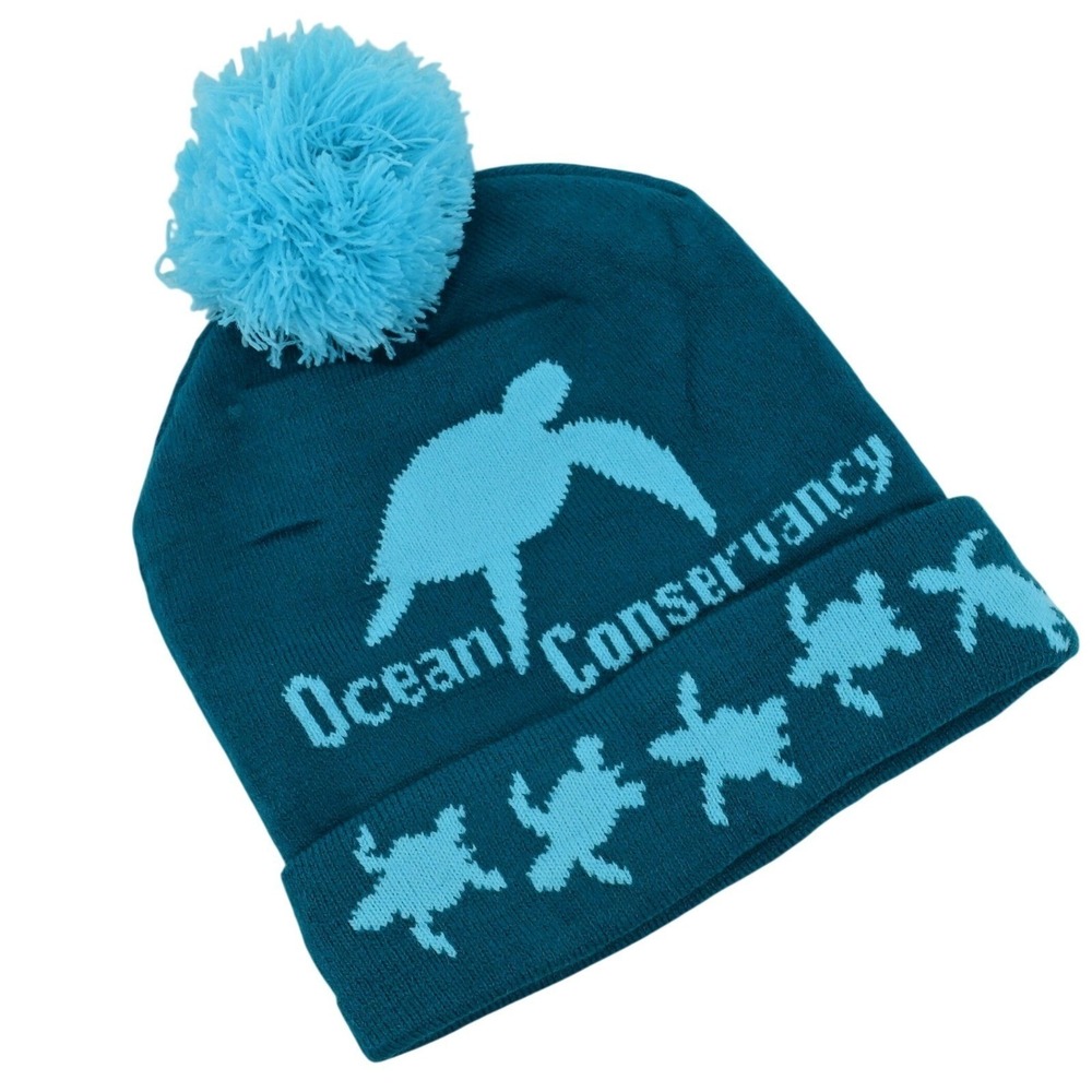 Ocean Conservancy Teal Blue Turtle Pom Pom Beanie Hat Winter Cold Weather